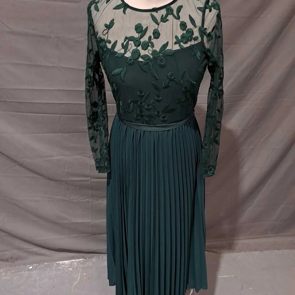 COAST PETITE EMBROIDERED LONG SLEEVE MIDI DRESS IN FOREST GREEN SIZE 8