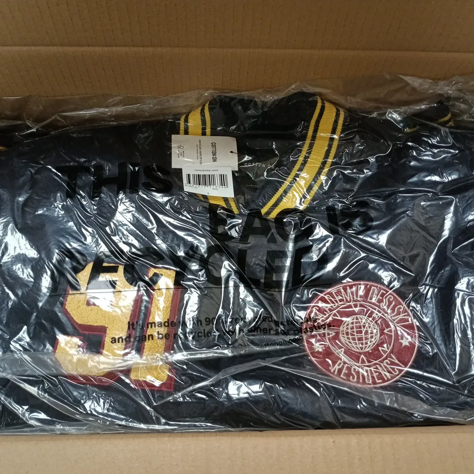 BOX OF APPROXIMATELY 3 ASSORTED VARSITY BOMBER JACKETS IN SIZES SMALL
