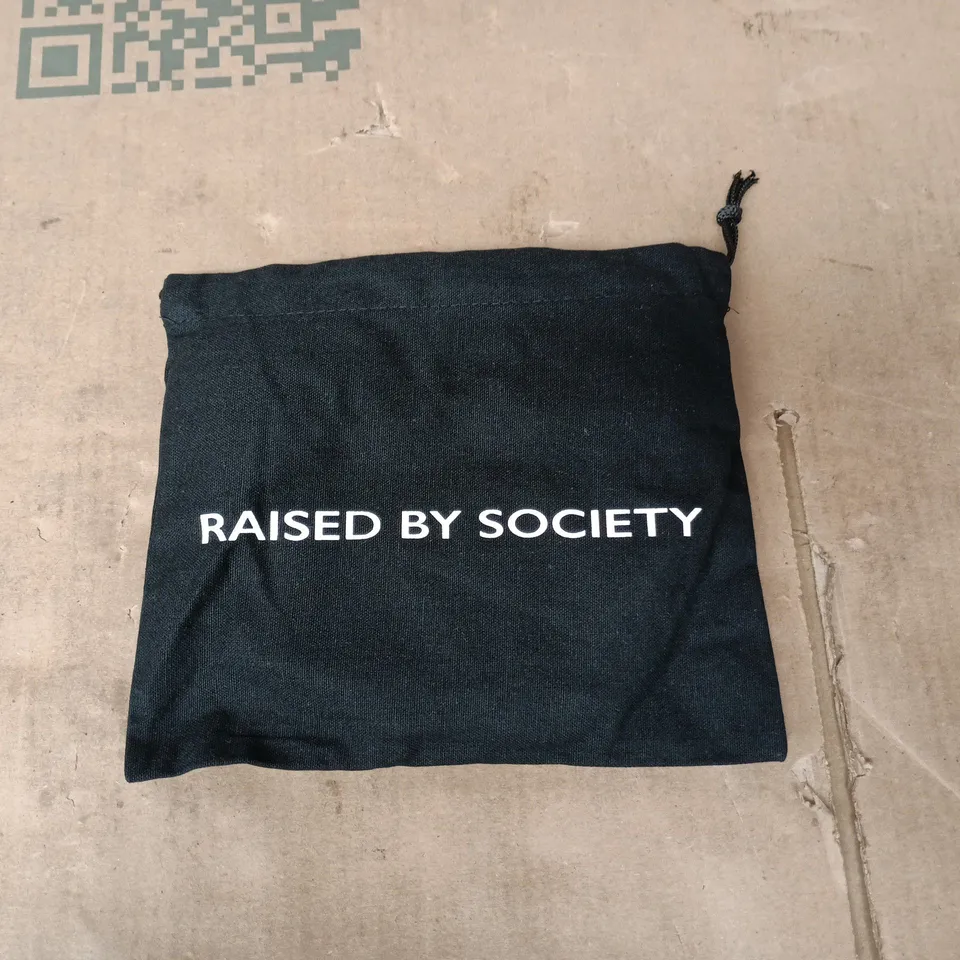 RAISED BY SOCIETY WHITE KNIT BEANIE HAT WITH BLACK DRAWSTRING POUCH