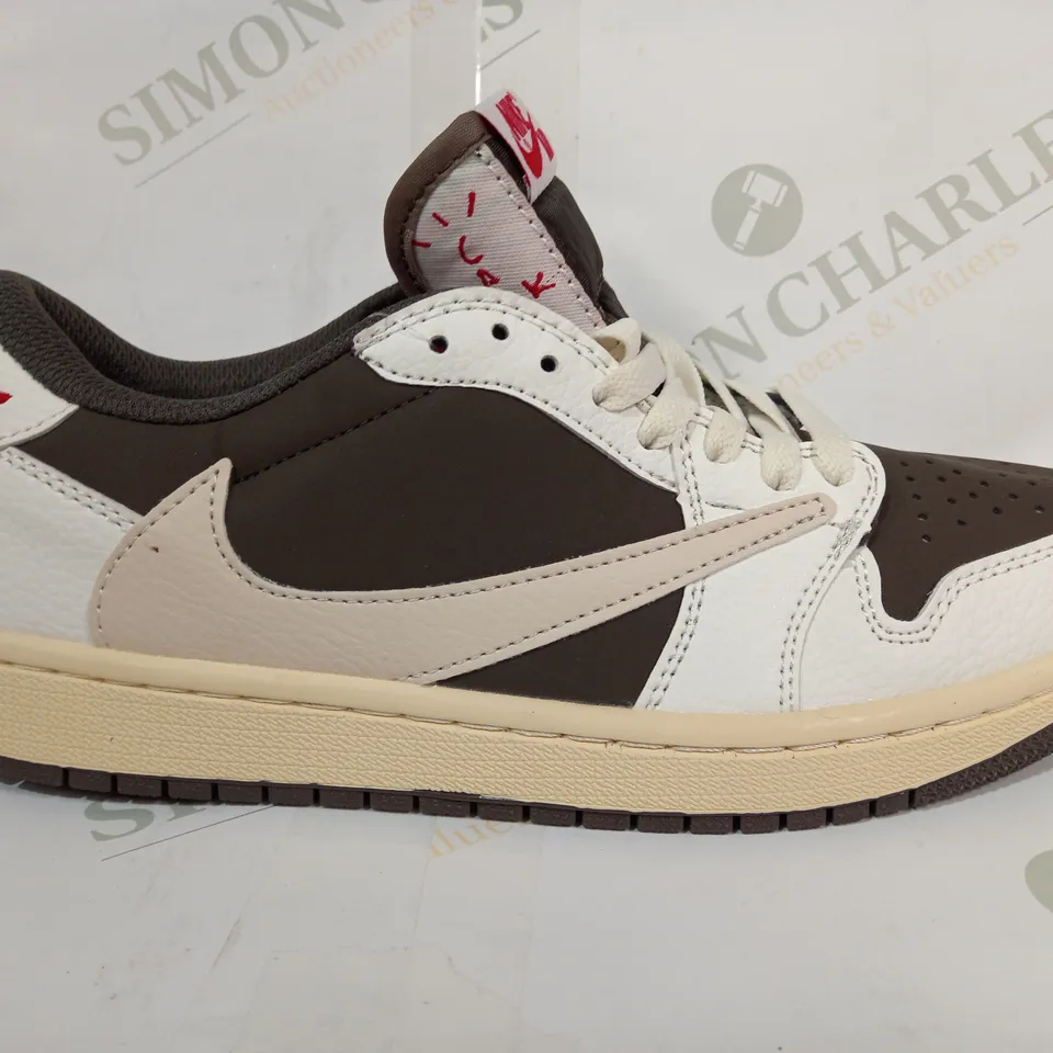 PAIR OF NIKE AIR JORDAN TRAVIS SCOTT SHOES IN DARK STONE/CREAM/WHITE UK SIZE 6