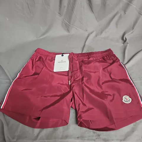MONCLER TRI COLOUR TRIMMED SWIM SHORTS IN BURGUNDY SIZE 2XL