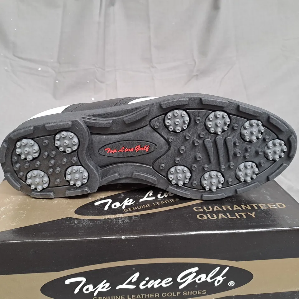 BOX OF APPROXIMATLY 12 BLACK AND WHITE TOP LINE GOLF SHOES VARIOUS SIZES