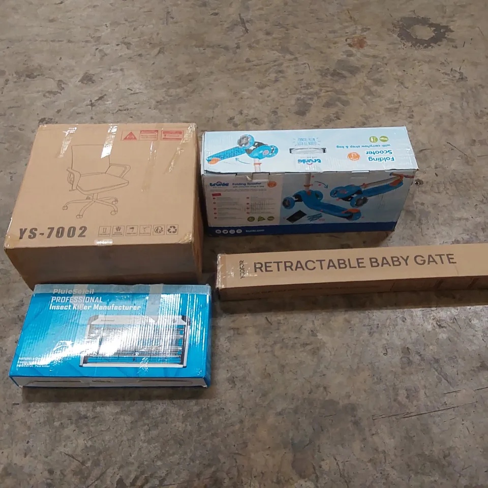 PALLET OF ASSORTED HOUSEHOLD ITEMS AND CONSUMER PRODUCTS TO INCLUDE; OFFICE CHAIR, SCOOTER, RETRACTABLE BABY GATE, INSECT KILLER, BOXED FURNITURE ETC 