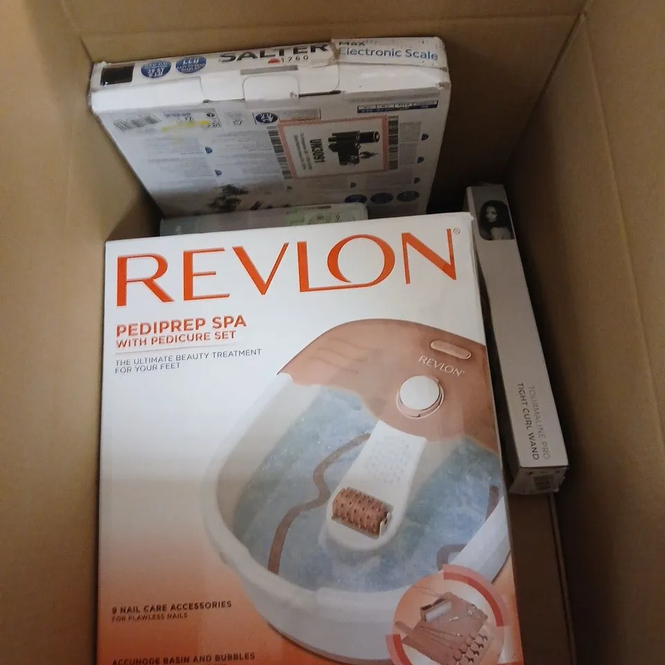 BOX OF APPROXIMATELY 8 ASSORTED ITEMS INCLUDING A REVLON PEDIPREP SPA, AN AIR COOLER FAN AND SALTER MAX ELECTRONIC SCALES