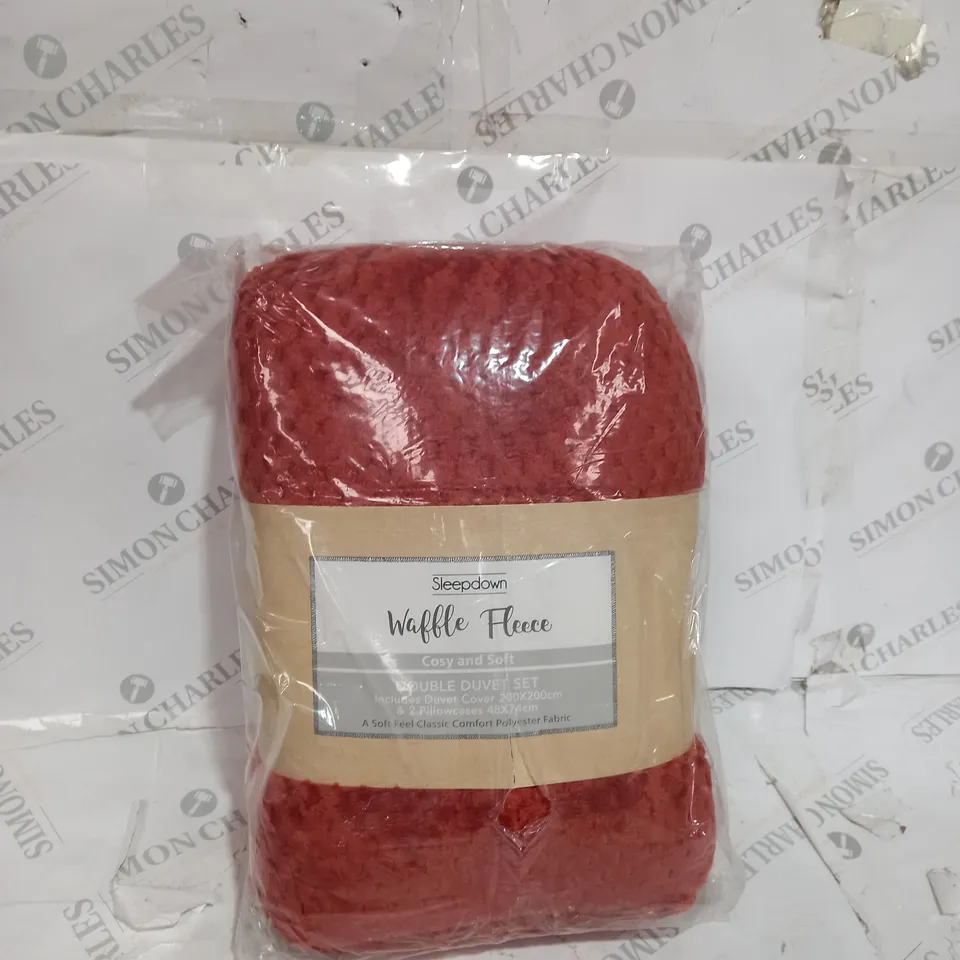 SLEEPDOWN WAFFLE TEDDY FLEECE RUST BURNT ORANGE WARM AND COSY REVERSIBLE SOFT DUVET COVER QUILT BEDDING SET WITH PILLOWCASES - DOUBLE (200CM X 200CM)