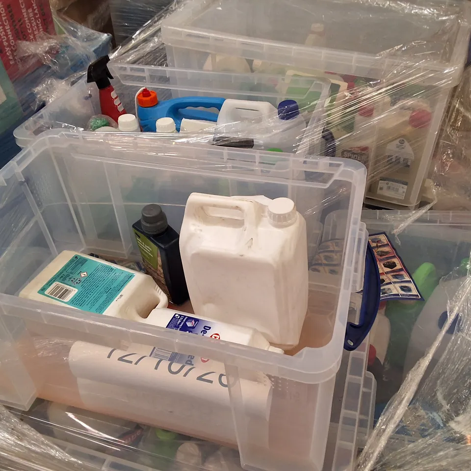 PALLET CONTAINING LARGE ASSORTMENT OF CLEANING PRODUCTS IN CLEAR STORAGE BOXES