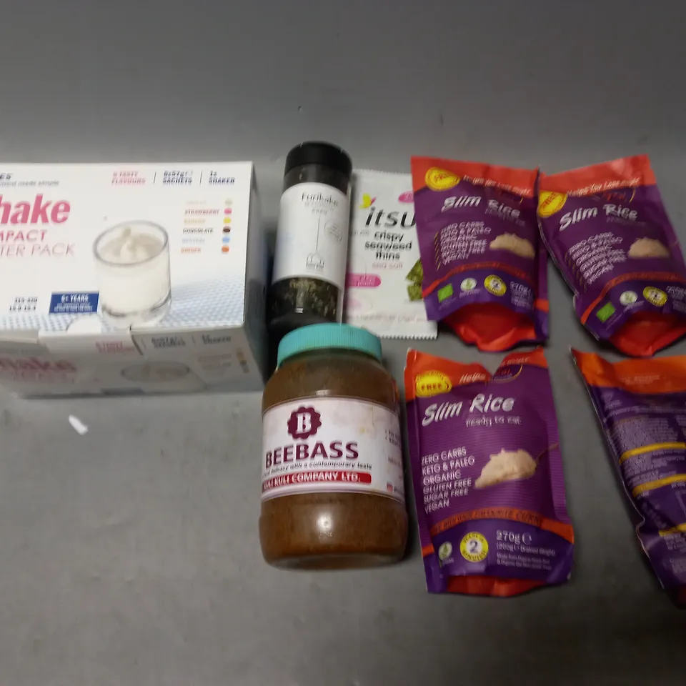 LOT OF APPROXMATELY 8 ITEMS TO INCLUDE  - SLIM RICE, FURIKAKE SEASONING, AND SHAKE COMPACT STARTER PACK ETC. 