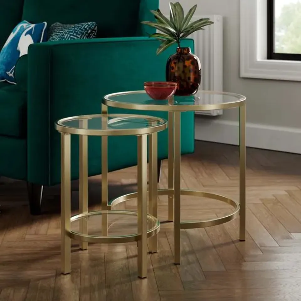 BOXED SOFIA COFFEE NESTING TABLES - GOLD/AMBER GLASS (1 BOX)