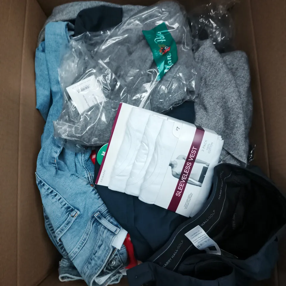LARGE BOX OF APPROXIMATELY 25 ASSORTED CLOTHING ITEMS IN VARIOUS COLOURS, STYLES AND SIZES - COLLECTION ONLY