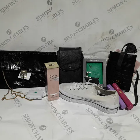 APPROXIMATELY 8 ASSORTED ITEMS TO INCLUDE RUTH LANGFORD LEATHER PURSE, RADLEY PHONE BAG, ASHWOOD LEATHER RFID BUCKLED PURSE, GARY COCKERILL BODY GLOW BRONZE