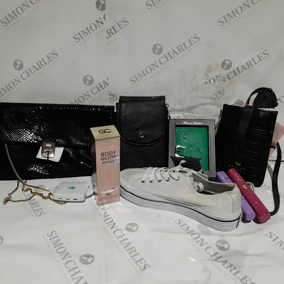 APPROXIMATELY 8 ASSORTED ITEMS TO INCLUDE RUTH LANGFORD LEATHER PURSE, RADLEY PHONE BAG, ASHWOOD LEATHER RFID BUCKLED PURSE, GARY COCKERILL BODY GLOW BRONZE  