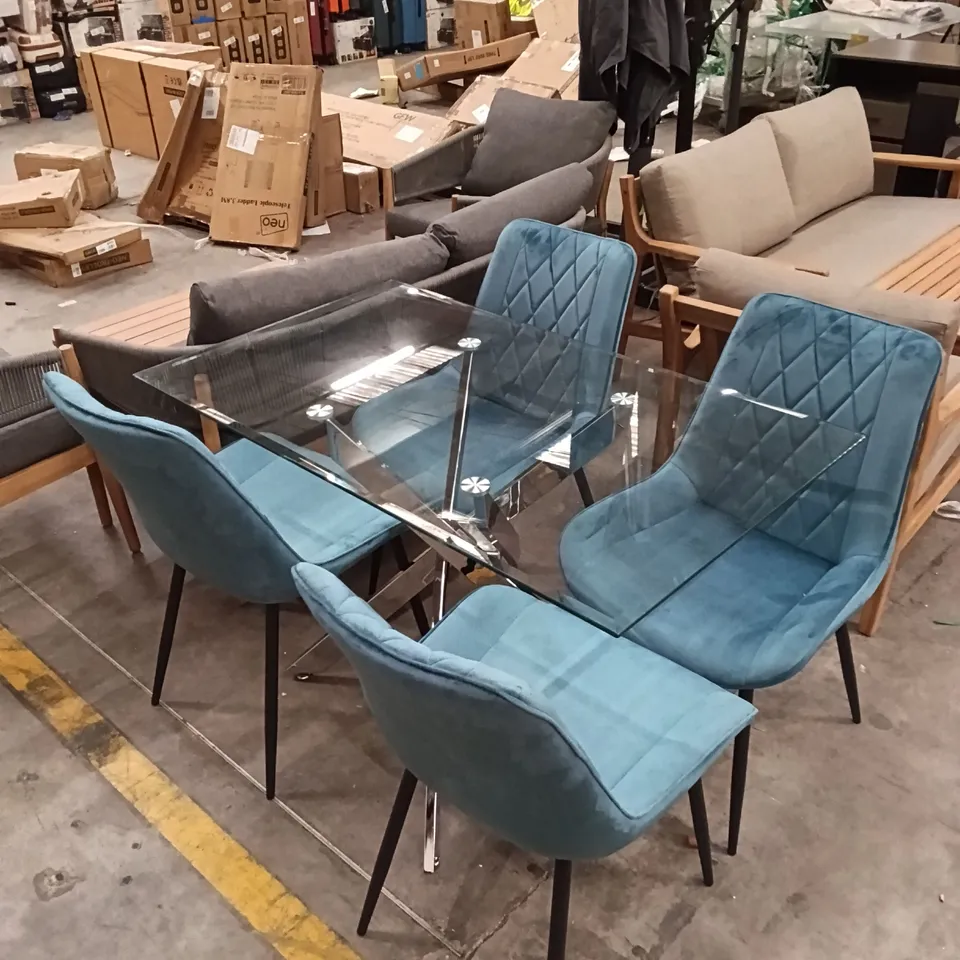 GLASS DINING TABLE WITH SET OF 4 DINING CHAIRS - BLUE/BLACK