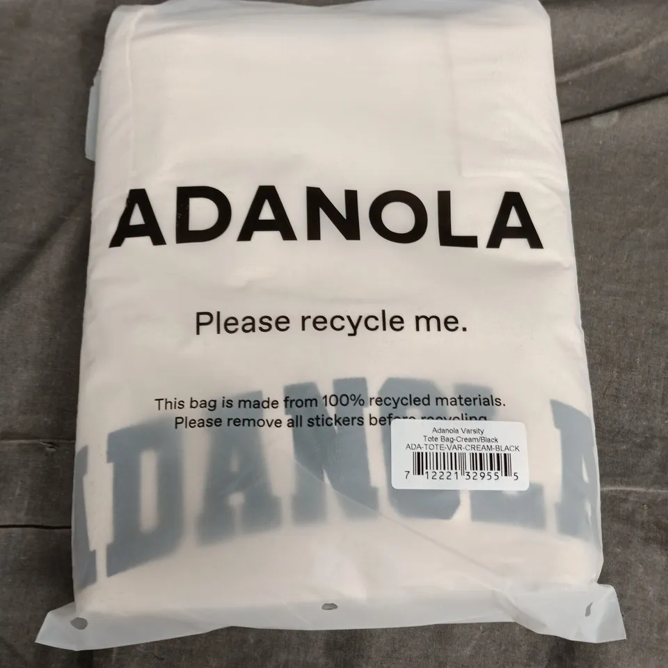 BAGGED ADANOLA VARSITY TOTE BAG - CREAM/BLACK (ADA-TOTE-VAR-CREAM-BLACK)