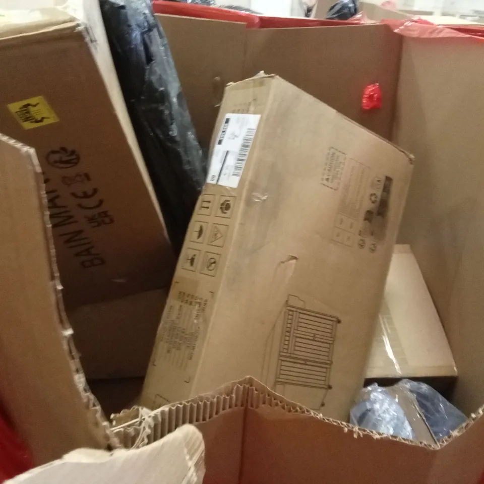 PALLET OF ASSORTED HOUSEHOLD GOODS AND PRODUCTS TO INCLUDE; CABINET ON WHEELS, CEILING FAN WITH LIGHT,AREA RUG