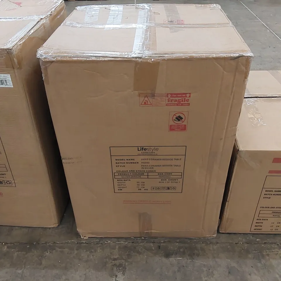 BOXED PARIS 3 DRAWER BEDSIDE TABLE (1 BOX)