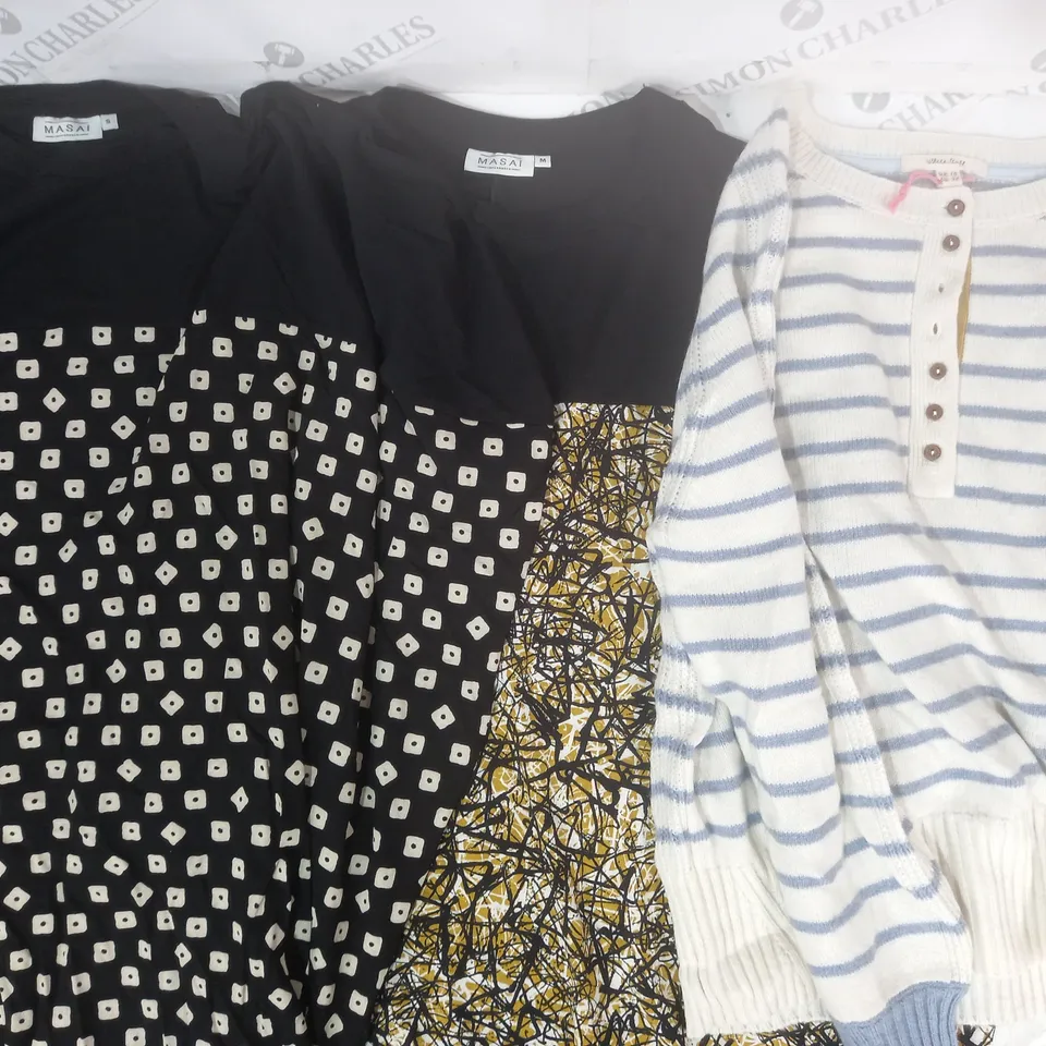 BOX OF APPROXIMATELY 15 ASSORTED CLOTHING AND FASHION ITEMS IN VARIOUS STYLES AND SIZES TO INCLUDE WHITE STUFF, MASAI, ETC