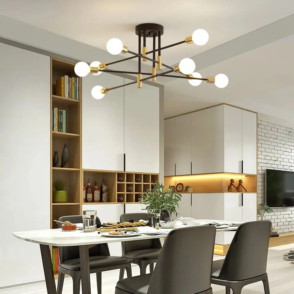 BOXED 8-LIGHT BLACK AND GOLD DIMMABLE SPUTNIK CHANDELIER (1 BOX)