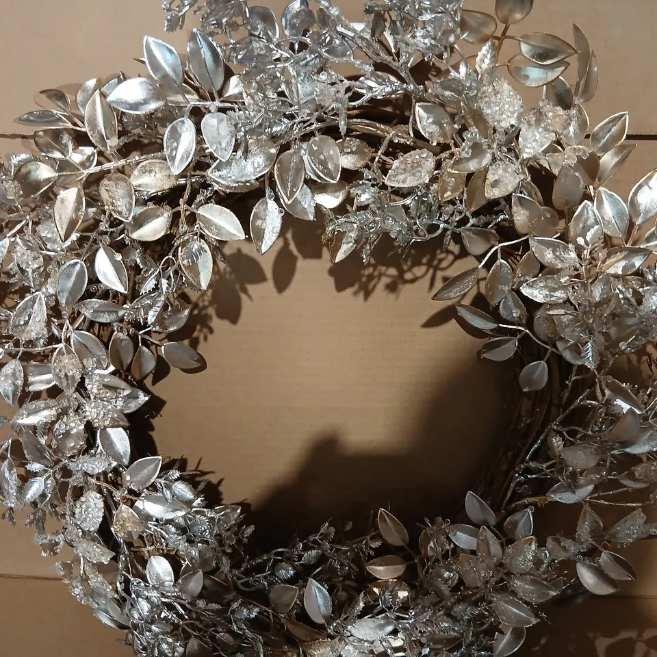 TWO GISELA GRAHAM LONDON DECORATIVE SILVER METALLIC WREATH