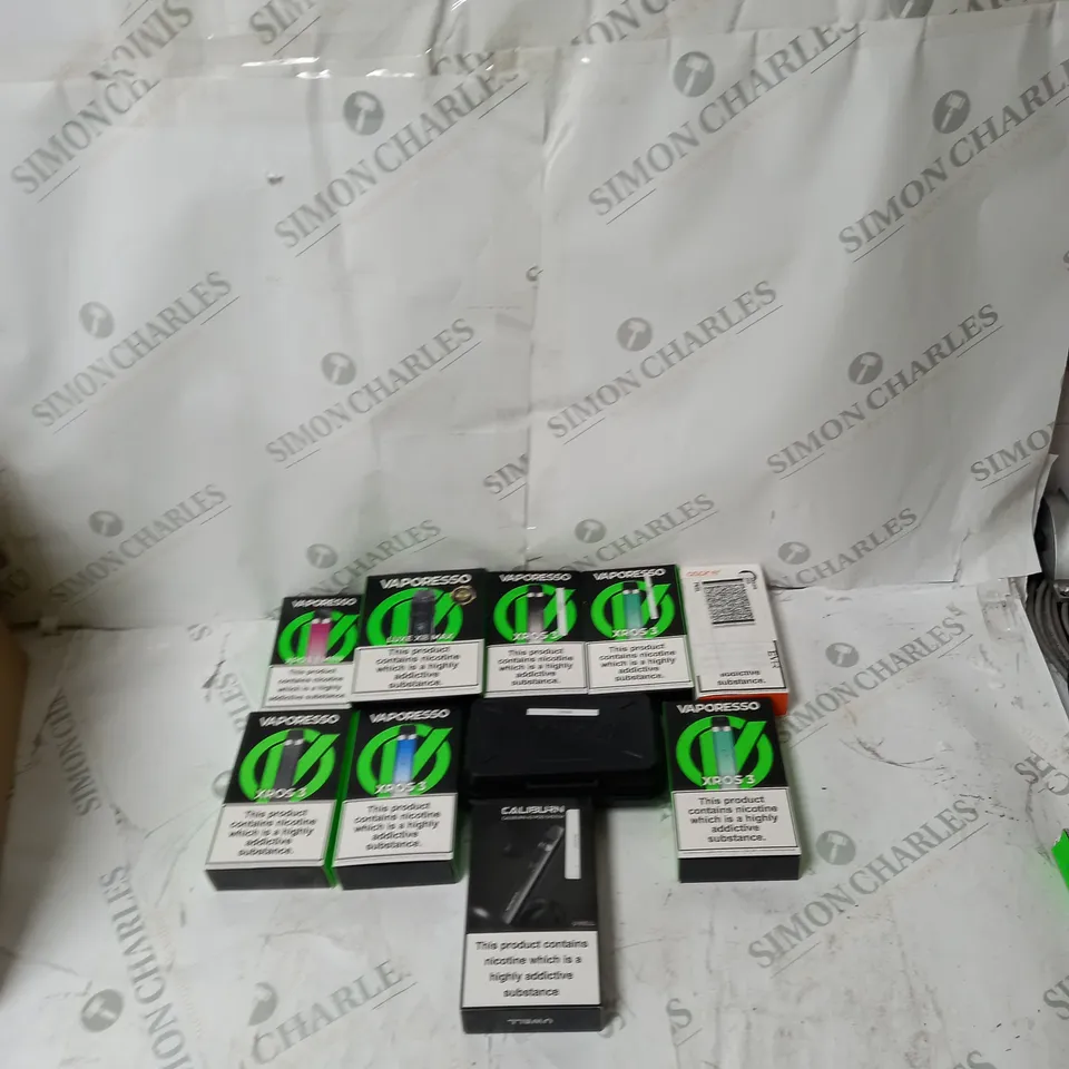 BOX OF APPROXIMATELY 10 ECIG PRODUCTS TO INCLUDE CALIBURN, VAPORESSO, ASPIRE