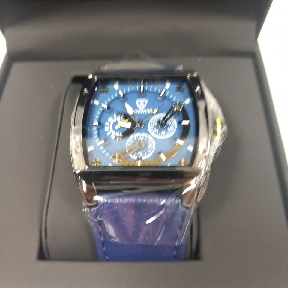 MEN’S RUCKSTUHL R300 CHRONOGRAPH WATCH – GOLD COLOUR CASE - BLUE MULTI FUNCTION DIAL – 3ATM WATER RESISTANT – GENUINE LEATHER STRAP
