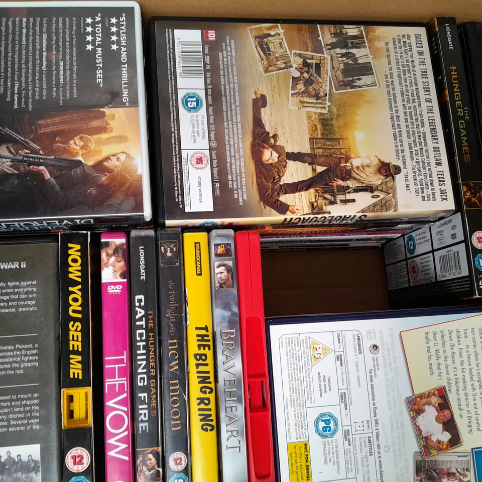 BOX OF APPROXIMATELY 30 DVDS TO INCLUDE SIN CITY, TOMB RAIDER, NED KELLY, ETC