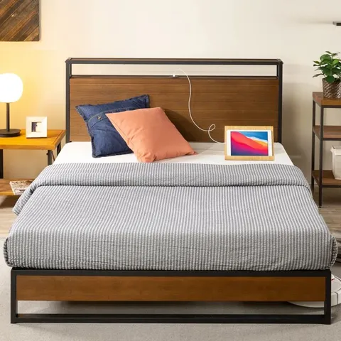 BOXED CARA INDUSTRIAL BED FRAME WITH SMART USB SHELF HEADBOARD - SIZE UNSPECIFIED (1 BOX)