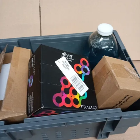 BOX OF ASSORTED GOODS INCLUDING SILVER 5X11 POP UP FOIL, VICTORIAN SCROLL STRAIGHT SHORT HANDLE LATCH AND METHOD BATHROOM REFILL