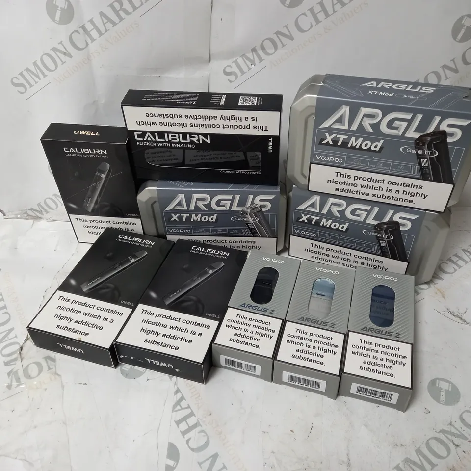 BOX OF APPROXIMATELY 10 ASSORTED E-CIG PRODUCTS TO INCLUDE VOOPOO ARGUS XT MOD, VOOPOO ARGUS Z, UWELL CALIBURN A2 POD SYSTEM ETC.