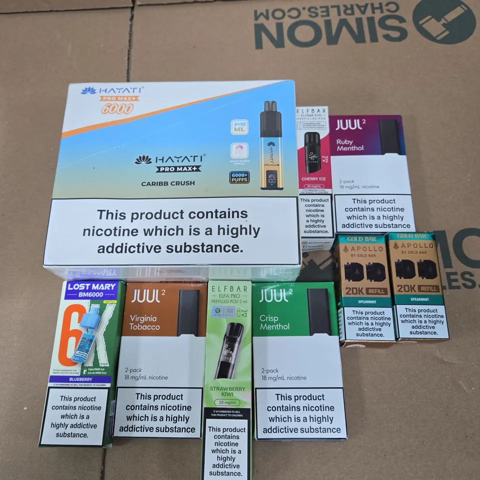 APPROXIMATELY 20 ASSORTED E-CIGARETTE & VAPING ITEMS IN VARIOUS BRANDS TO INCLUDE HAYATI, LOST MARY, JUUL2 ETC 