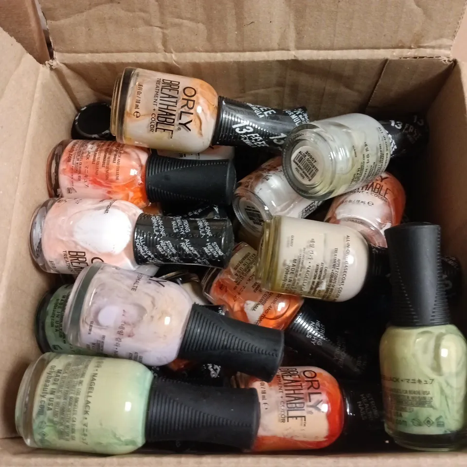 BOX OF APPROXIMATELY 50 ORLY NAIL VARNISHES IN VARIOUS COLOURS