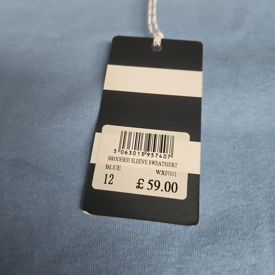 CREW CLOTHING COMPANY BLUE BRODERIE SLEEVE SWEATSHIRT – UK 12 