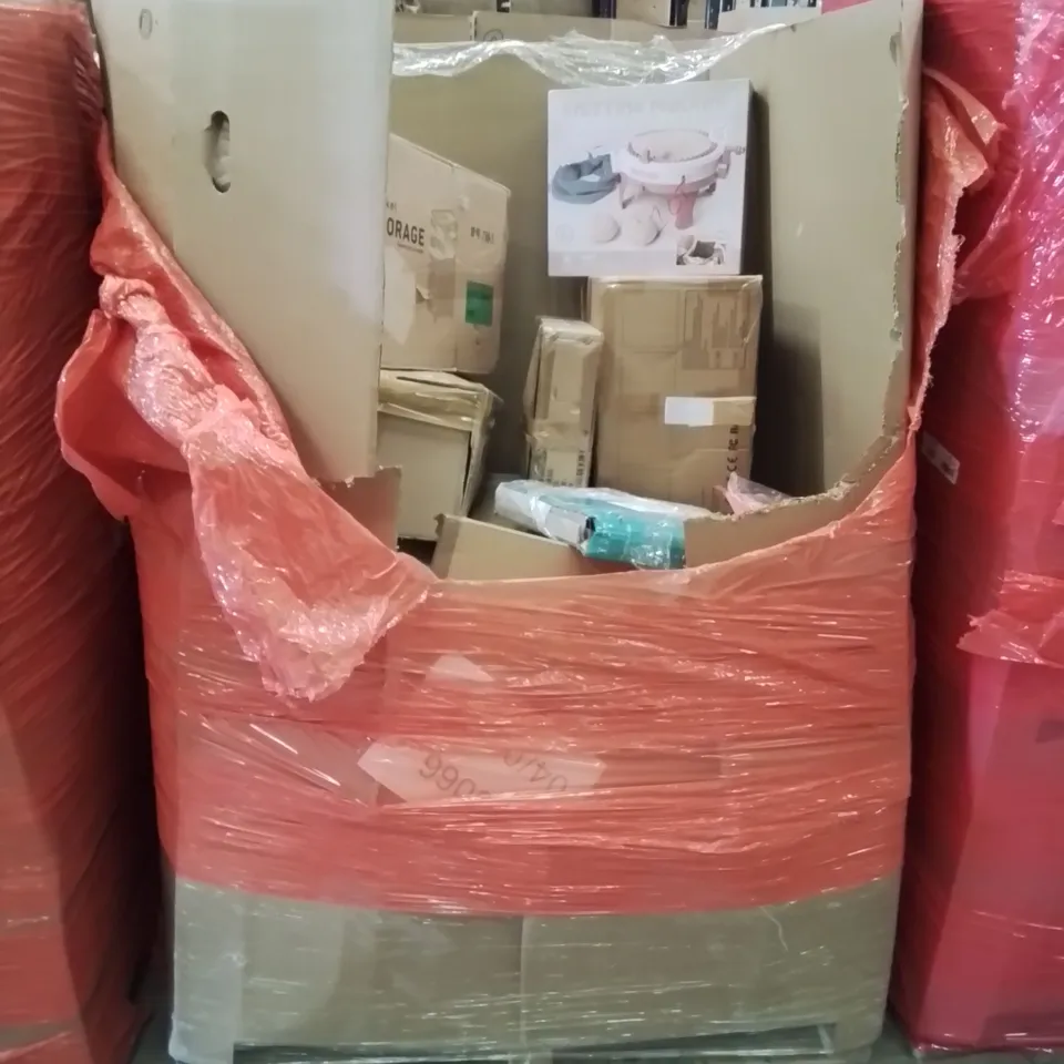 PALLET CONTAINING MIXED BOXED HOUSEHOLD ITEMS TO INCLUDE: LED CEILING LAMPS, BUCKET STORAGE RACKS, KNITTING MACHINE AND LOTS MORE UNMARKED BOXED ITEMS 