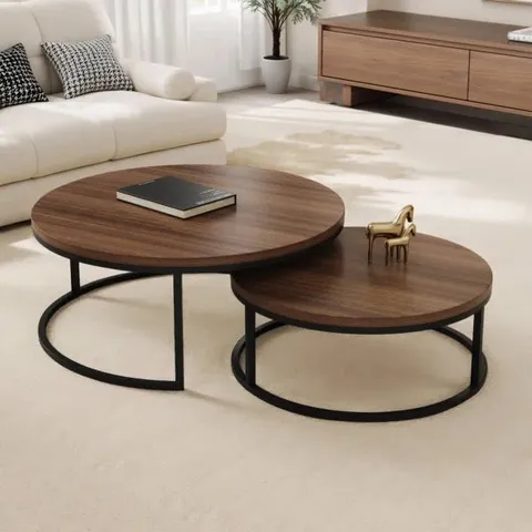 BOXED MODERN NESTING COFFEE TABLES SET OF 2, ROUND WALNUT WOOD TOP