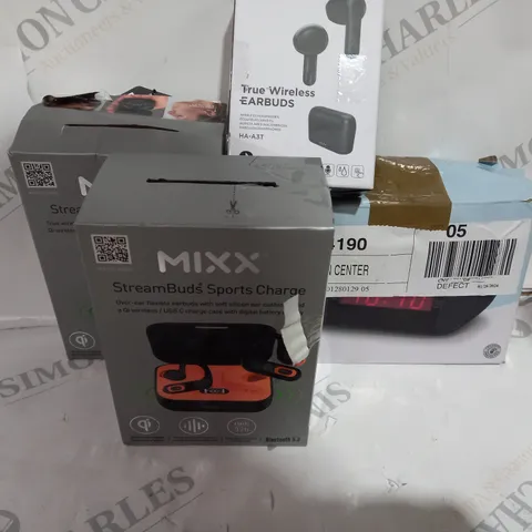 LOT OF ASSORTED ITEMS TO INCLUDE - MIXX STREAMS BUDS - JVC EARBUDS - ALARM CLOCKS