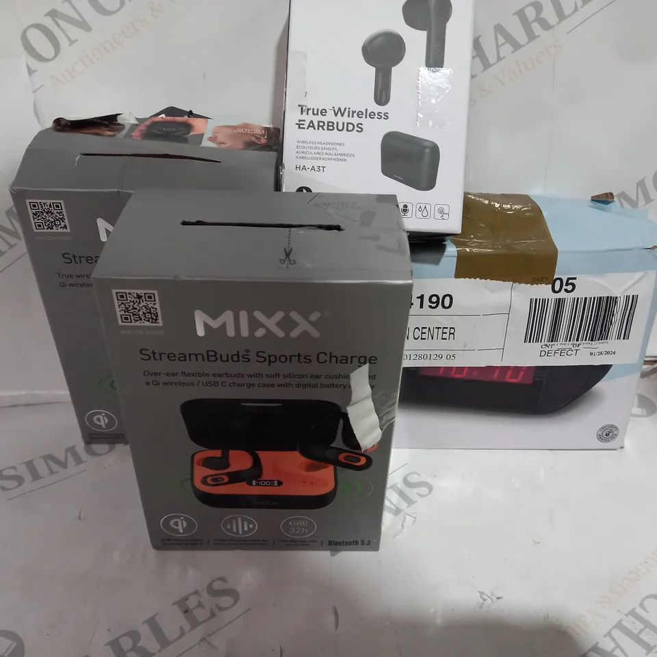 LOT OF ASSORTED ITEMS TO INCLUDE - MIXX STREAMS BUDS - JVC EARBUDS - ALARM CLOCKS 