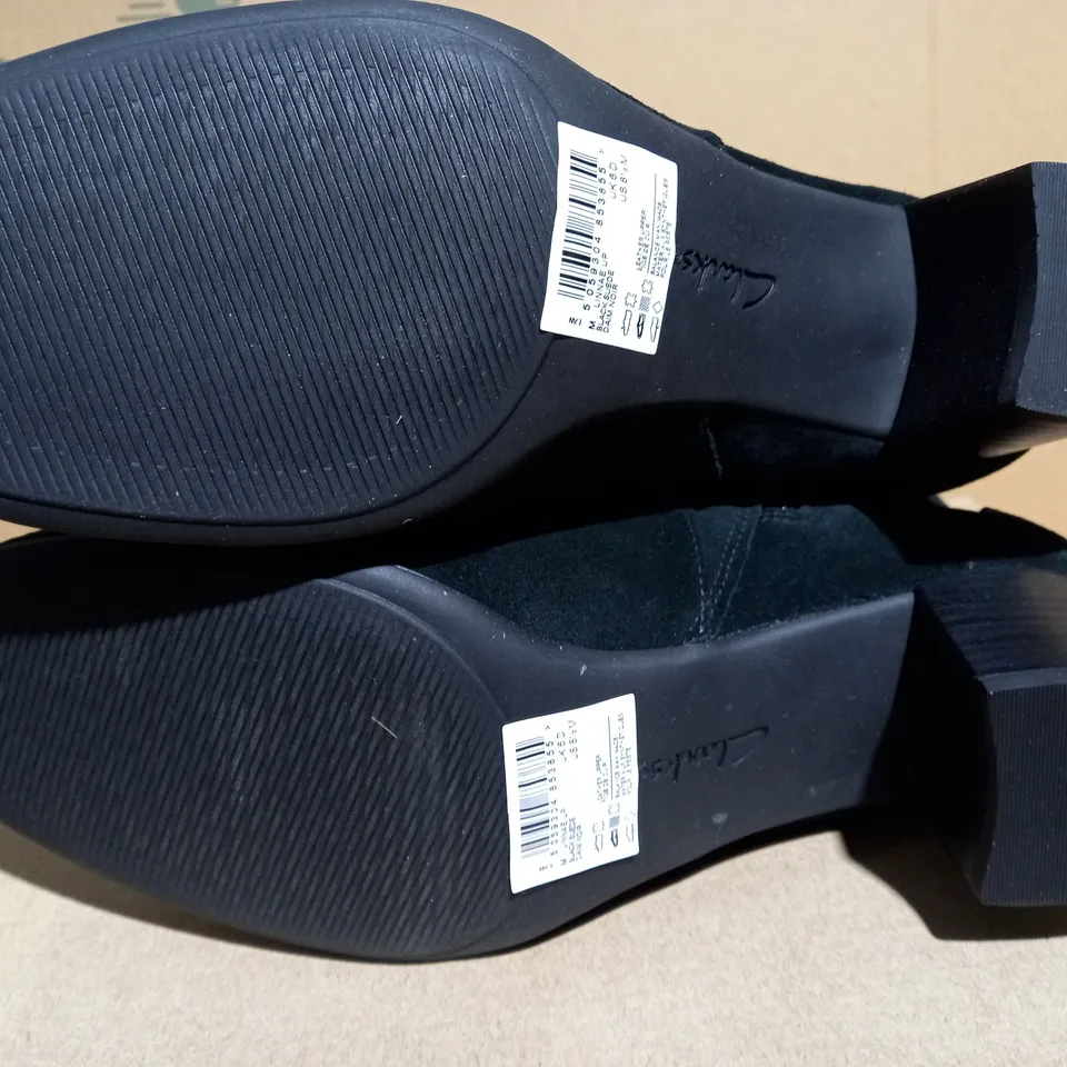 CLARKS LINNAE UP BLACK SUEDE HEELED BOOTS - SIZE 6