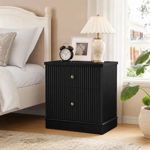 BOXED GARVEE MODERN MDF NIGHTSTAND WITH 2 DRAWERS AND FLUTED DESIGN, 61 CM, BLACK