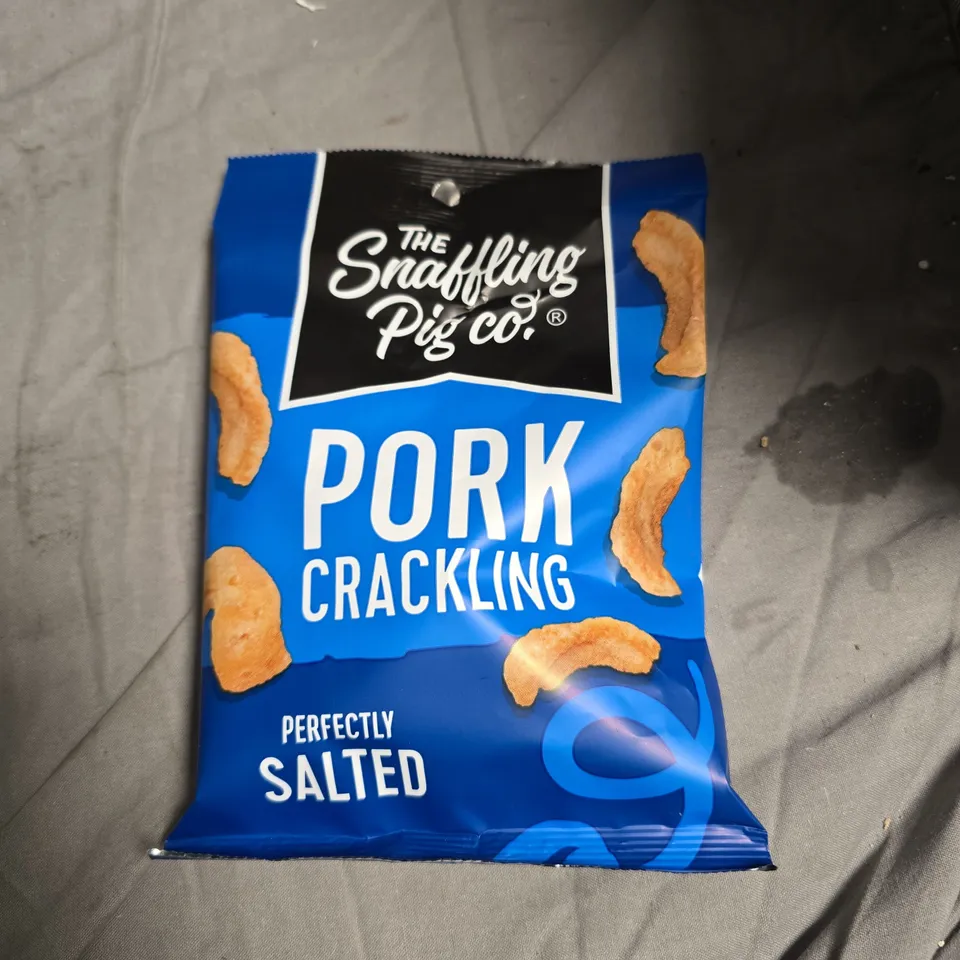 BOX OF APPROXIMATELY 15 ASSORTED FOOD ITEMS INCLUDING GALAXY CHOCOLATE BAR  PORK CRACKLING M&S CHERRY BAKEWELL COOKIES 