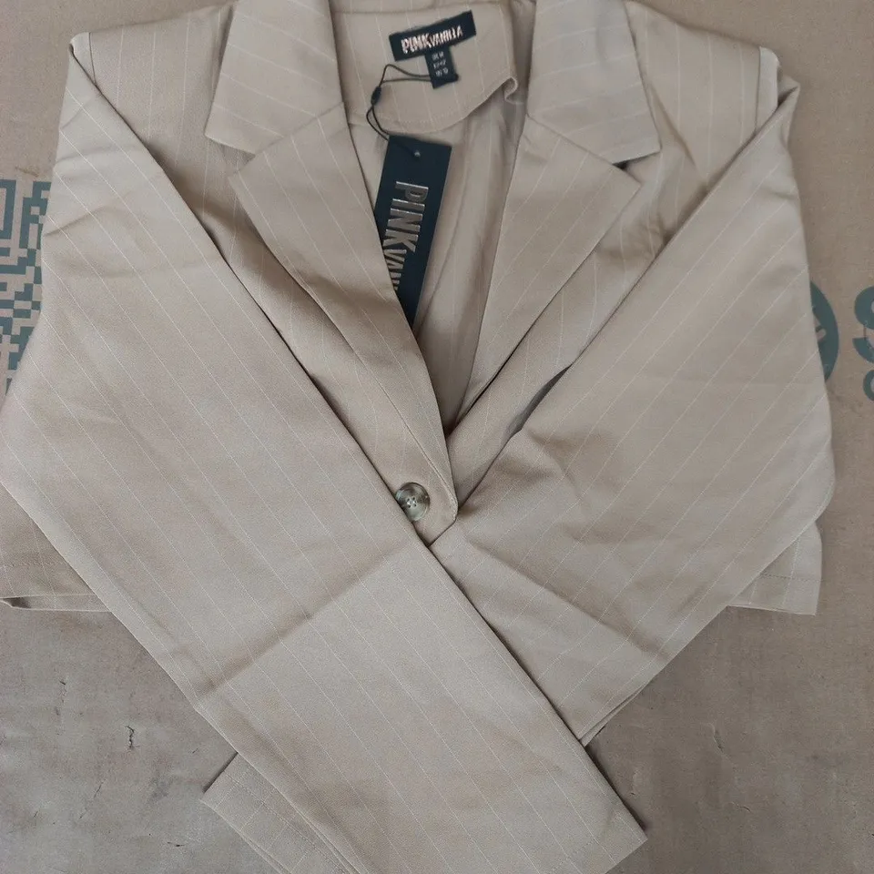 PINK VANILLA PINSTRIPE CROPPED BLAZER IN STONE SIZE UK 14