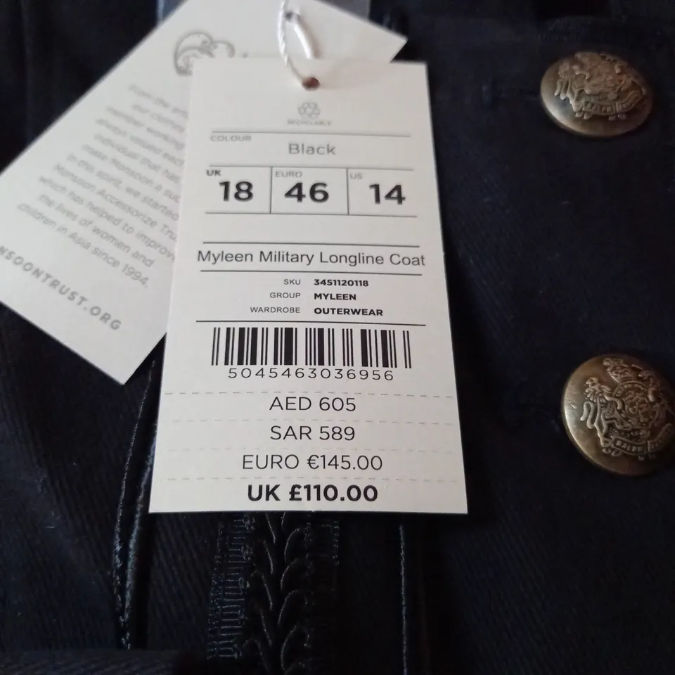 MONSOON MYLEEN MILITARY LONGLINE COAT IN BLACK - UK 18