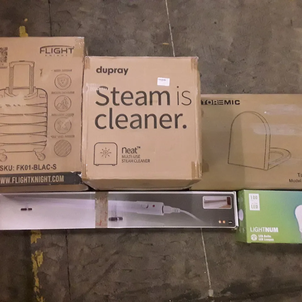 PALLET OF ASSORTED PRODUCTS INCLUDING STOREMIC TOILET SEAT, DUPRAY STEAM CLEANER, FLIGHT KNIGHT SUITCASE, ECOHEATER, LED BULBS  