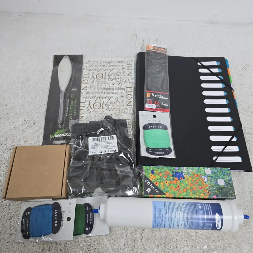 APPROXIMATELY 20 ASSORTED HOUSEHOLD ITEMS TO INCLUDE SAMSUNG WATER FILTER CARTRIDGE, KAIZEN POLE RIGS, INLINE CARP CONTROLLER FLOAT, ETC