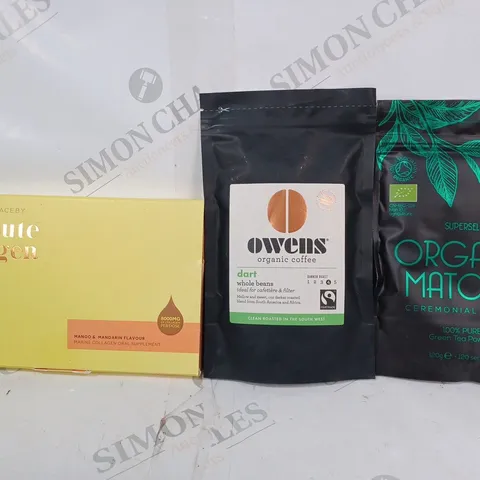 APPROXIMATELY 10 ASSORTED FOOD & DRINK ITEMS TO INCLUDE SUPERSELF ORGANIC MATCHA, OWENS ORGANIC COFFEE, MAXINE LACEBY ABSOLUTE COLLAGEN, ETC