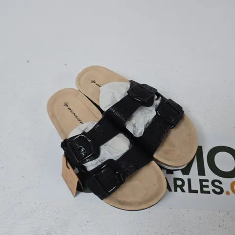 DUNLOP TWO-STRAP SANDALS, BLACK STRAPS, CORK FOOTBED β UK SIZE 3