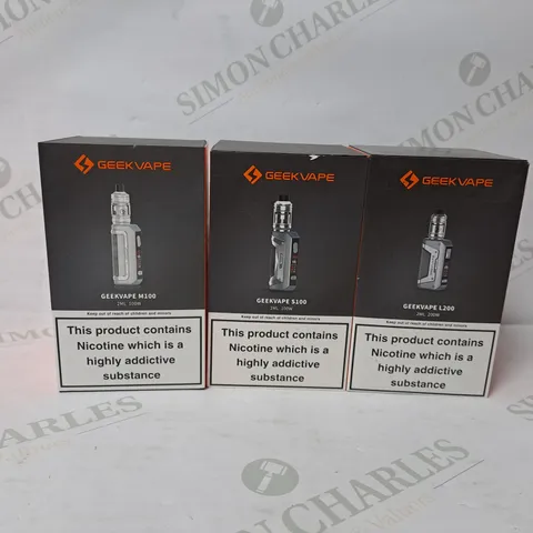 3 ASSORTED GEEKVAPE E-CIGARETTE PRODUCTS TO INCLUDE M100, S100, L200