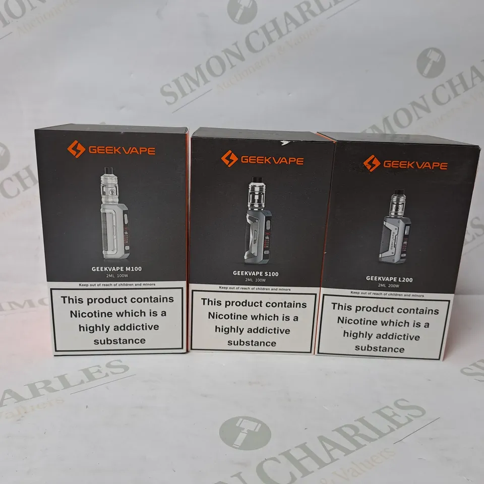 3 ASSORTED GEEKVAPE E-CIGARETTE PRODUCTS TO INCLUDE M100, S100, L200 