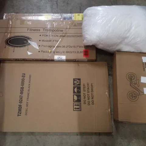 PALLET CONTAINING ASSORTED PRODUCTS INCLUDING MDF FRAME BLACK BOARD, BALANCE BIKE, PILLOW SET, FITNESS TRAMPOLINE & LED STRIP LIGHT