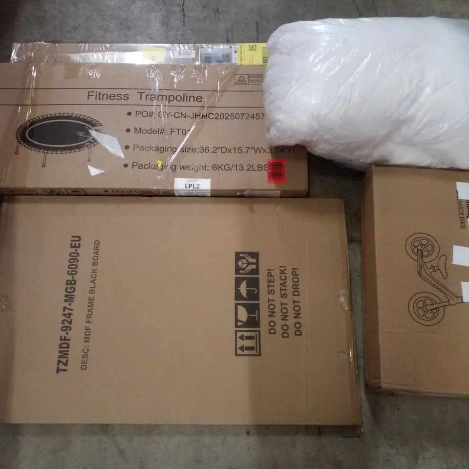 PALLET CONTAINING ASSORTED PRODUCTS INCLUDING MDF FRAME BLACK BOARD, BALANCE BIKE, PILLOW SET, FITNESS TRAMPOLINE & LED STRIP LIGHT