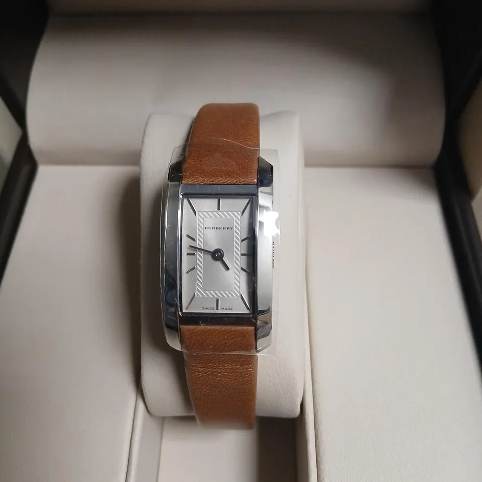 BURBERRY RECTANGULAR SWISS MADE WRISTWATCH WITH BROWN LEATHER STRAP