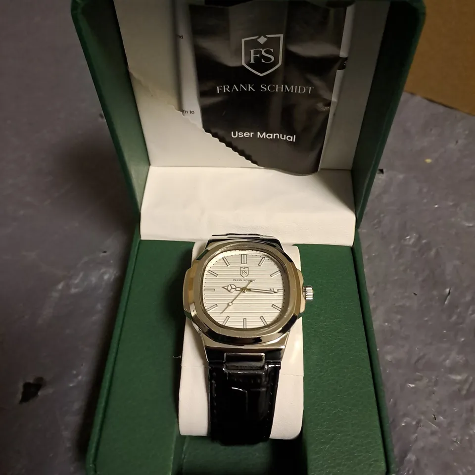 FRANK SCHMIDT WHITE DIAL GENTS WATCH WITH STAINLESS STEEL BACKCASE, BLACK LEATHER STRAP IN GIFT BOX